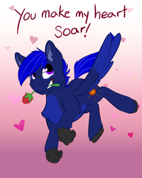 Size: 2400x3000 | Tagged: safe, artist:scruffasus, oc, oc:neutrino burst, hippogriff, cute, flower, flower in mouth, flying, gradient background, heart, hearts and hooves day, high res, holiday, mouth hold, rose, rose in mouth, valentine's day, wings
