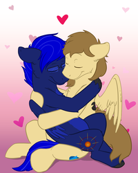 Size: 2400x3000 | Tagged: safe, artist:scruffasus, oc, oc:fleet wing, oc:neutrino burst, hippogriff, pegasus, pony, cute, gay, gradient background, heart, hearts and hooves day, high res, holiday, hug, male, stallion, valentine's day, wings