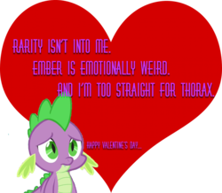 Size: 728x636 | Tagged: safe, spike, g4, heart, holiday, implied princess ember, implied rarity, implied thorax, lasty's hearts, sad, simple background, transparent background, valentine, valentine's day