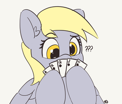 Size: 2442x2075 | Tagged: safe, artist:pabbley, derpy hooves, pegasus, pony, g4, 30 minute art challenge, card, confused, female, high res, hoof hold, mare, playing card, poker, question mark, raised eyebrow, royal flush, simple background, solo, spread wings, straight flush, white background, wings, you're doing it wrong