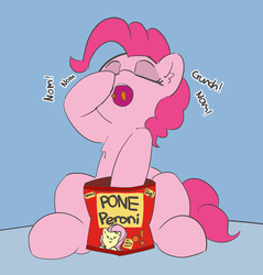 Size: 3349x3496 | Tagged: safe, artist:pabbley, fluttershy, pinkie pie, earth pony, pony, g4, chips, eating, exclamation point, eyes closed, female, food, heck, high res, mare, ponies eating meat, simple background, smiling, wow