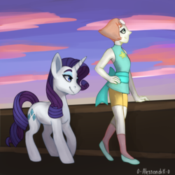 Size: 1024x1024 | Tagged: safe, artist:0-alessandrx-0, part of a set, rarity, gem (race), pony, unicorn, g4, crossover, diamond and pearl, duo, duo female, female, gem, mare, pearl, pearl (steven universe), sky, steven universe