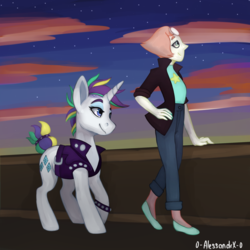 Size: 1024x1024 | Tagged: safe, artist:0-alessandrx-0, part of a set, rarity, gem (race), pony, unicorn, g4, alternate hairstyle, crossover, diamond and pearl, duo, duo female, female, gem, last one out of beach city, mare, pearl, pearl (steven universe), punk, raripunk, steven universe