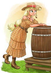 Size: 1109x1600 | Tagged: safe, artist:king-kakapo, applejack, human, g4, barrel, boots, clothes, cowboy hat, dress, female, grass, hat, humanized, shoes, smiling, solo, stetson