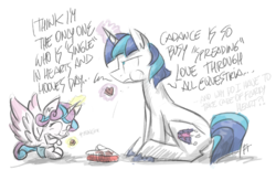 Size: 2426x1498 | Tagged: safe, artist:flutterthrash, derpibooru exclusive, princess flurry heart, shining armor, alicorn, pony, g4, 30 minute art challenge, baby, baby pony, chocolate, dialogue, diaper, father and daughter, female, food, glowing horn, hearts and hooves day, horn, magic, male, simple background, telekinesis, unshorn fetlocks, white background
