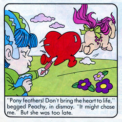 Size: 302x302 | Tagged: safe, peachy, elf, pony, comic:my little pony (g1), g1, official, peachy takes a holiday, bow, brought to life, butt, chase, comic, cropped, flower, heart, magic, out of context, paintbrush, plot, sand shaper, tail bow, too late, underhoof, wat