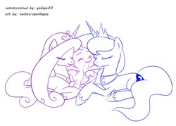 Size: 1400x1000 | Tagged: safe, artist:twilite-sparkleplz, princess cadance, princess luna, spike, alicorn, dragon, pony, g4, eyes closed, female, infidelity, interspecies, lucky bastard, male, mare, monochrome, ship:spikedance, ship:spiluna, shipping, simple background, sketch, smiling, spike gets all the mares, straight, white background