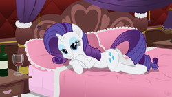 Size: 1920x1080 | Tagged: safe, artist:facelessjr, rarity, pony, unicorn, g4, alcohol, bed, bedroom eyes, butt, concept art, dock, draw me like one of your french girls, eyelashes, eyeshadow, female, lidded eyes, looking at you, makeup, mare, movie accurate, pinup, plot, prone, solo, wine, wine glass