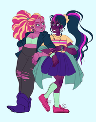 Size: 3080x3912 | Tagged: safe, artist:sunsetshimmmer, sci-twi, sunset shimmer, twilight sparkle, equestria girls, g4, alternate clothes, alternate hairstyle, dark skin, female, high res, holding hands, human coloration, lesbian, looking at each other, ponytail, ship:sci-twishimmer, ship:sunsetsparkle, shipping, smiling, tan skin