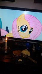 Size: 1836x3264 | Tagged: safe, fluttershy, pegasus, pony, g4, candle, coca-cola, computer, food, hearts and hooves day, holiday, irl, photo, solo, valentine's day, waifu dinner