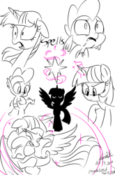 Size: 800x1214 | Tagged: safe, artist:emositecc, spike, twilight sparkle, alicorn, dragon, pony, g4, female, floppy ears, hug, mare, monochrome, simple background, sketch, twilight sparkle (alicorn), white background