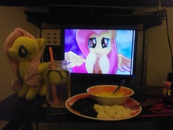 Size: 4160x3120 | Tagged: safe, fluttershy, g4, female, food, happy valentines day, hearts and hooves day, irl, mashed potatoes, photo, plushie, potato, spinach, waifu dinner