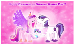 Size: 2656x1602 | Tagged: safe, artist:90sigma, artist:andoanimalia, artist:xebck, princess cadance, princess flurry heart, shining armor, alicorn, pony, unicorn, g4, baby, baby pony, daughter, diaper, eyes closed, family, father and daughter, female, holiday, kissing, male, married couple, mother and daughter, open mouth, parent, prince of love, princess of love, ship:shiningcadance, shipping, sparkle family, straight, valentine's day, wallpaper