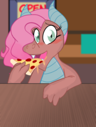 Size: 1200x1600 | Tagged: safe, artist:klondike, mina, dragon, g4, dragon town comics, dragoness, eating, female, food, lunch break, meat, pepperoni, pepperoni pizza, pizza, solo