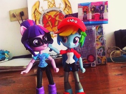 Size: 1035x774 | Tagged: safe, artist:count oxymagomedov sear, rainbow dash, sci-twi, twilight sparkle, equestria girls, g4, boots, cap, clothes, doll, equestria girls minis, eqventures of the minis, female, hat, irl, photo, punch, shoes, toy