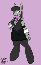 Size: 1208x1912 | Tagged: safe, artist:rubbermage, octavia melody, earth pony, anthro, unguligrade anthro, g4, action figure, bowtie, clothes, commission, doll, female, gem, jewelry, looking at you, pantyhose, signature, simple background, skirt, skirt suit, sleeveless, smiling, solo, suit, toy, vest