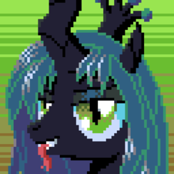 Size: 512x512 | Tagged: safe, artist:phat_guy, derpibooru exclusive, queen chrysalis, bug pony, changeling, changeling queen, aseprite, bugpony, bust, female, forked tongue, grin, lidded eyes, looking at you, pixel art, portrait, queen, smiling, smirk, solo, tongue out