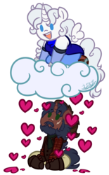Size: 2794x4505 | Tagged: safe, artist:befishproductions, oc, oc only, oc:daneel, oc:silverheart, alicorn, pony, unicorn, alicorn oc, clothes, cloud, coonskin cap, flannel, heart, hearts and hooves day, oc x oc, scar, scarf, shipping, simple background, transparent background