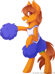 Size: 1127x1508 | Tagged: safe, artist:scarlet-spectrum, oc, oc only, oc:zip circuit, pony, bipedal, cheerleader, clothes, commission, crossdressing, hoof hold, male, male cheerleader, pom pom, simple background, skirt, solo, transparent background