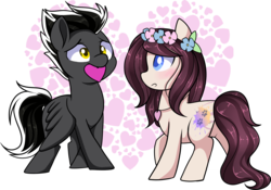 Size: 2239x1563 | Tagged: safe, artist:xwhitedreamsx, oc, oc only, oc:silver night, oc:tulip, duo, floral head wreath, flower, heart, simple background, transparent background