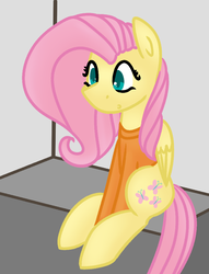 Size: 782x1022 | Tagged: safe, artist:azure-quill, artist:fluttershydaily, fluttershy, pony, g4, clothes, female, looking at something, prison, prison outfit, prisoner, sitting, solo