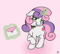 Size: 2000x1800 | Tagged: safe, artist:yakoshi, sweetie belle, pony, unicorn, g4, blushing, choker, cute, cutie mark, diasweetes, female, glowing horn, horn, letter, magic, older, older sweetie belle, solo, sweetie belle's magic brings a great big smile, telekinesis, the cmc's cutie marks