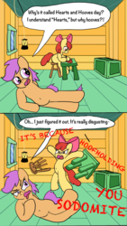 Size: 1242x2208 | Tagged: safe, artist:platypus-the-pony, apple bloom, scootaloo, g4, anatomically incorrect, comic, dirty thoughts, hearts and hooves day, holiday, implied hoof holding, implied hoofing, incorrect leg anatomy, valentine's day