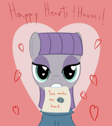 Size: 800x900 | Tagged: safe, artist:mightyshockwave, maud pie, earth pony, pony, g4, heart eyes, hearts and hooves day, holiday, mouth hold, note, pun, solo, valentine's day, valentine's day card, wingding eyes