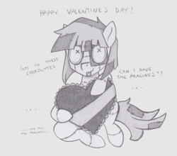Size: 1261x1112 | Tagged: safe, artist:lockerobster, oc, oc only, oc:wetweave, hagwarders, original species, community related, dialogue, hearts and hooves day, holiday, monochrome, solo, tongue out, valentine's day