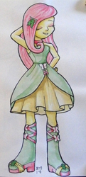 Size: 650x1347 | Tagged: safe, artist:andpie, fluttershy, equestria girls, g4, armpits, clothes, dress, eyes closed, female, solo, traditional art