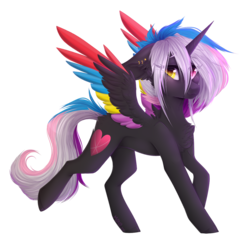 Size: 1128x1094 | Tagged: safe, artist:monogy, oc, oc only, oc:flaming rainbow, alicorn, pony, colored wings, female, heterochromia, mare, multicolored wings, simple background, solo, transparent background