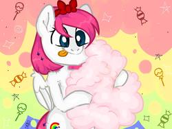Size: 1600x1200 | Tagged: safe, artist:albatrosonset, oc, oc:freya, bow, candy, cotton candy, food, hair bow, sweets, tongue out
