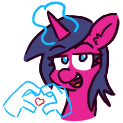 Size: 900x900 | Tagged: safe, artist:threetwotwo32232, oc, oc only, oc:fizzy pop, pony, unicorn, bust, female, heart, looking at you, magic, mare, open mouth, simple background, solo, transparent background