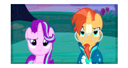 Size: 540x289 | Tagged: safe, screencap, starlight glimmer, sunburst, g4, animated, confused, female, looking at each other, male