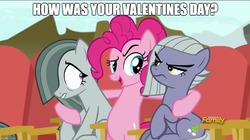 Size: 888x499 | Tagged: safe, edit, edited screencap, screencap, limestone pie, marble pie, pinkie pie, g4, rock solid friendship, dialogue, discovery family logo, image macro, meme, question