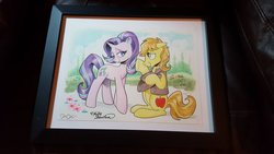 Size: 1334x750 | Tagged: safe, artist:andypriceart, braeburn, starlight glimmer, earth pony, pony, unicorn, g4, braeglimmer, clothes, cowboy hat, crack shipping, duo, female, frame, hat, male, mare, shipping, stallion, straight, traditional art, vest