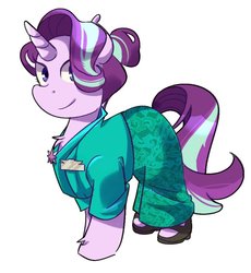 Size: 830x903 | Tagged: safe, artist:mewy101, starlight glimmer, pony, unicorn, g4, clothes, dress, female, flight attendant, smiling, solo
