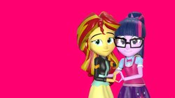 Size: 1024x576 | Tagged: safe, artist:lanceolleyfrie, sci-twi, sunset shimmer, twilight sparkle, equestria girls, g4, 3d, female, heart, holiday, lesbian, looking at you, pink background, ship:sci-twishimmer, ship:sunsetsparkle, shipping, simple background, smiling, source filmmaker, valentine's day