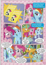 Size: 826x1169 | Tagged: safe, pinkie pie, rainbow dash, snails, snips, songbird serenade, earth pony, pegasus, pony, g4, my little pony: the movie, colt, comic, crossed arms, female, freckles, headworn microphone, magazine scan, male, mare, rearing, stock vector