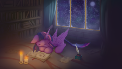 Size: 1920x1080 | Tagged: safe, artist:hitbass, twilight sparkle, alicorn, pony, book, bookshelf, candle, cute, female, moon, quill, sleeping, snow, solo, twiabetes, twilight sparkle (alicorn), wallpaper, window