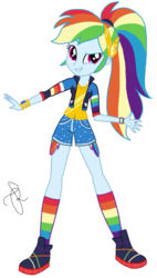 Size: 1164x2048 | Tagged: safe, artist:ilaria122, rainbow dash, equestria girls, g4, my little pony equestria girls: better together, leak, alternate hairstyle, bracelet, clothes, female, geode of super speed, hairband, ponytail, rainbow socks, shirt, shoes, shorts, simple background, sneakers, socks, solo, striped socks, t-shirt, transparent background