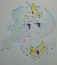 Size: 1600x1829 | Tagged: safe, artist:c0pter, princess celestia, alicorn, pony, g4, blushing, bust, colored pencil drawing, cute, female, looking at you, mare, portrait, simple background, small wings, smiling, solo, traditional art, white background