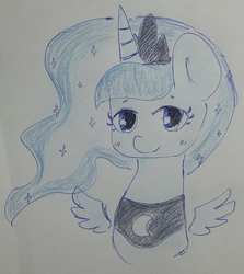 Size: 1836x2057 | Tagged: safe, artist:c0pter, princess luna, alicorn, pony, g4, blushing, bust, colored pencil drawing, cute, female, looking at you, mare, portrait, simple background, small wings, smiling, solo, traditional art, white background