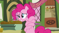 Size: 1280x720 | Tagged: safe, screencap, pinkie pie, earth pony, pony, g4, too many pinkie pies, female, mare, mushroom table, pinkie being pinkie, pinkie physics, solo