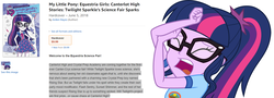 Size: 1714x616 | Tagged: safe, artist:ritalux, editor:backgroundlol, flash sentry, neon lights, rising star, sci-twi, twilight sparkle, canterlot high stories, equestria girls, g4, my little pony equestria girls: legend of everfree, my little pony: equestria girls: canterlot high stories: twilight sparkle's science fair sparks, official, amazon.com, book, camp everfree outfits, discussion in the comments, drama, scared, screaming
