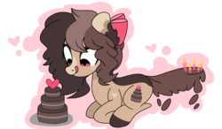 Size: 1024x596 | Tagged: safe, artist:chococakebabe, oc, oc only, oc:choco cake delight, earth pony, pony, augmented tail, bow, cake, female, food, hair bow, licking, licking lips, mare, prone, simple background, solo, tongue out, transparent background