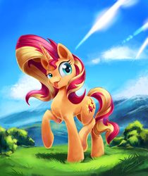 Size: 2500x2979 | Tagged: safe, artist:light-of-inirida, sunset shimmer, pony, unicorn, g4, :p, cute, female, grass field, high res, mare, raised hoof, scenery, shimmerbetes, silly, solo, tongue out