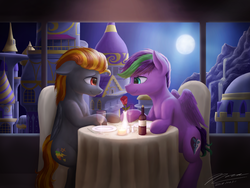 Size: 1024x768 | Tagged: safe, artist:novaintellus, oc, oc only, oc:digidash, oc:hope dawn, pegasus, pony, alcohol, candle, canterlot, chair, date, duo, floppy ears, flower, gay, glass, looking at each other, male, moon, night, oc x oc, plate, romantic, rose, shipping, sitting, stallion, table, vase, window, wine, wine glass