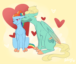 Size: 1102x928 | Tagged: safe, artist:qatsby, rainbow dash, zephyr breeze, g4, alternate hairstyle, cheek kiss, colored hooves, cute, female, heart, kissing, male, ponytail, ship:zephdash, shipping, straight