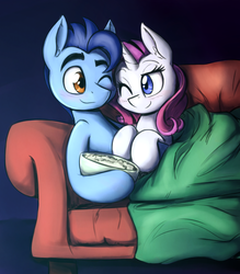 Size: 1427x1628 | Tagged: safe, artist:otakuap, oc, oc:scribbles, oc:white diamonds, pony, unicorn, blanket, blushing, couch, female, food, looking at each other, male, not rarity, oc x oc, one eye closed, popcorn, shipping, straight, wink